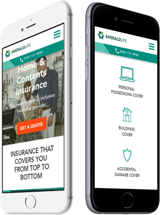 The redesign on two phones: a Home and Contents Insurance hero with a Get a quote button, and a policy page listing personal possessions, buildings and accidental damage cover