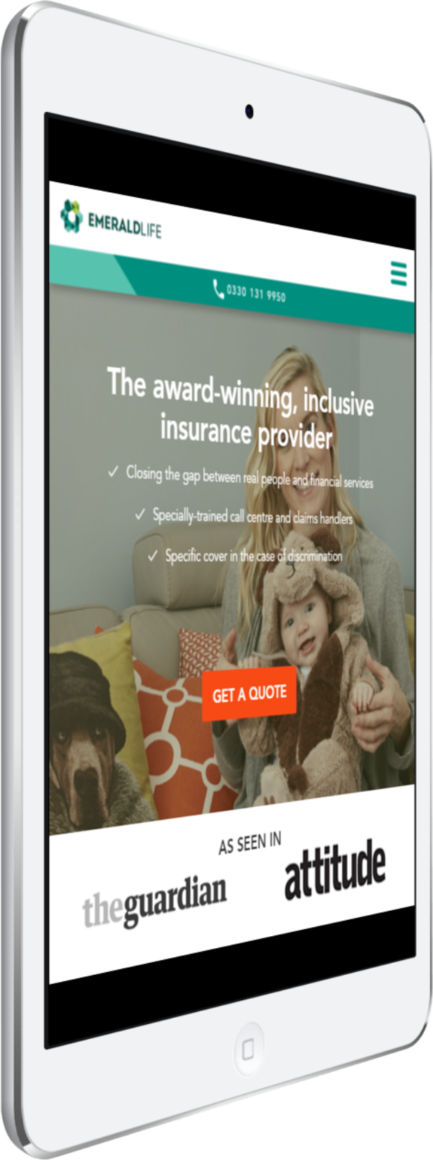 The redesigned homepage on a tablet: the award-winning inclusive insurance provider headline with three benefit ticks, a Get a quote button, and As seen in logos for the Guardian and Attitude