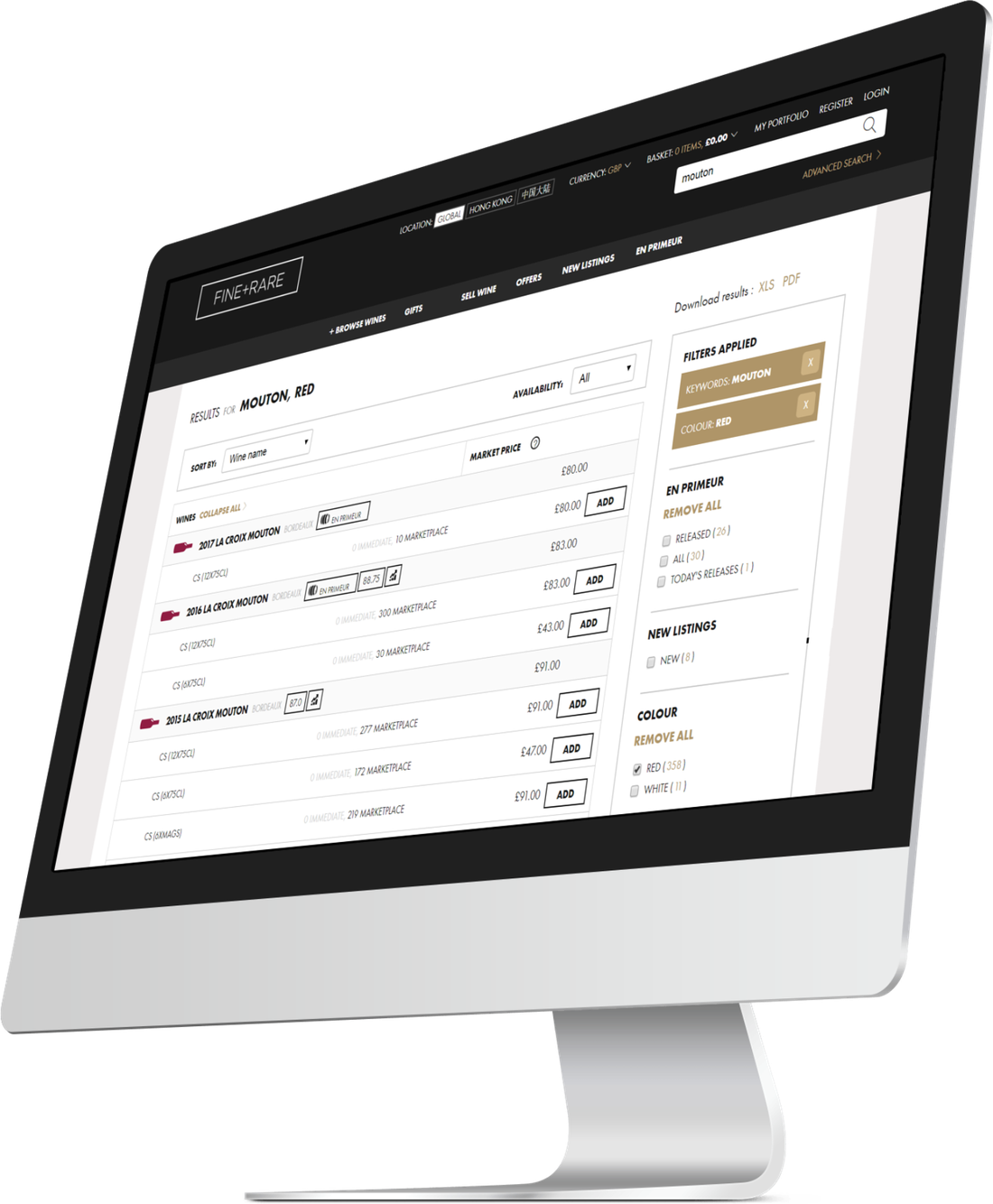 The original control page on an iMac: wines in a product grid with filters on the right-hand side