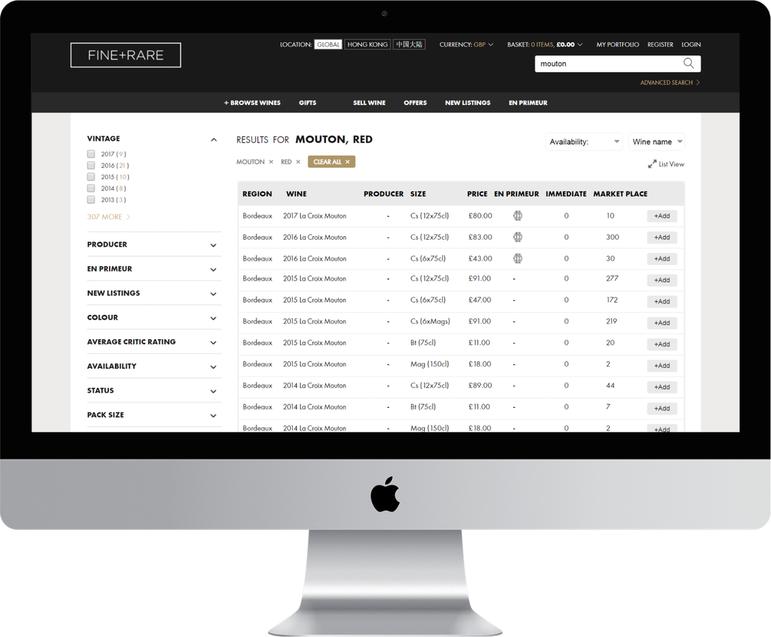 The winning desktop variant on an iMac: wines listed in a scannable table with filters down the left-hand side