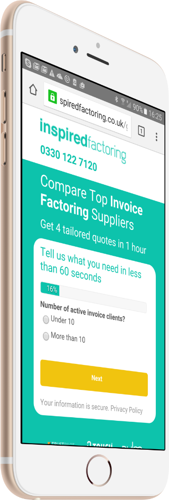 The page on a phone: a stepped form at 16% progress asking the number of active invoice clients, with radio buttons and no navigation