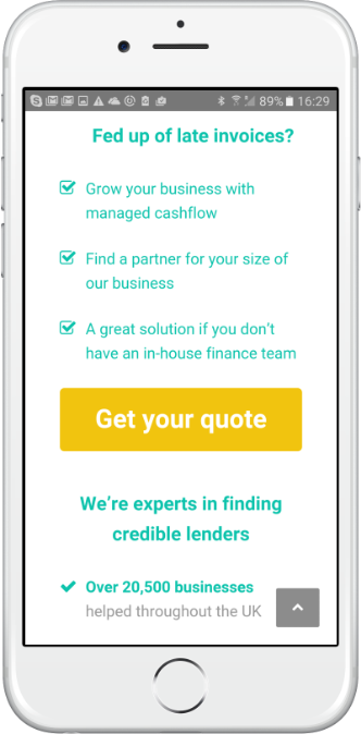 Lower on the phone page: the heading Fed up of late invoices, three benefit ticks, a Get your quote button and a line about 20,500 businesses helped