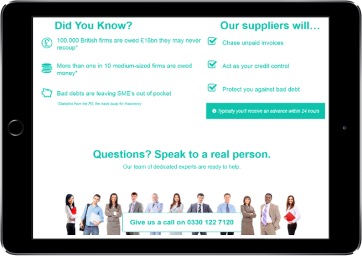 The tablet page below the fold: Did You Know statistics on unpaid invoices, what suppliers will do, and an invitation to speak to a real person