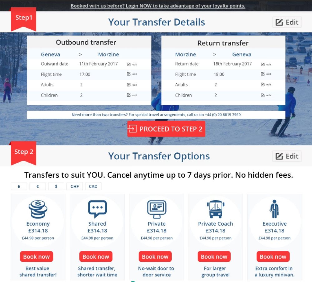 The booking flow: step one shows outbound and return transfer details side by side, step two shows five transfer options with prices and Book now buttons