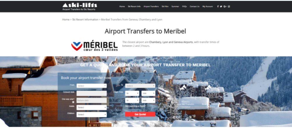 The rebuilt landing page: the title Airport Transfers to Meribel, the Meribel resort logo, and a quote form over a photograph of the snow-covered resort