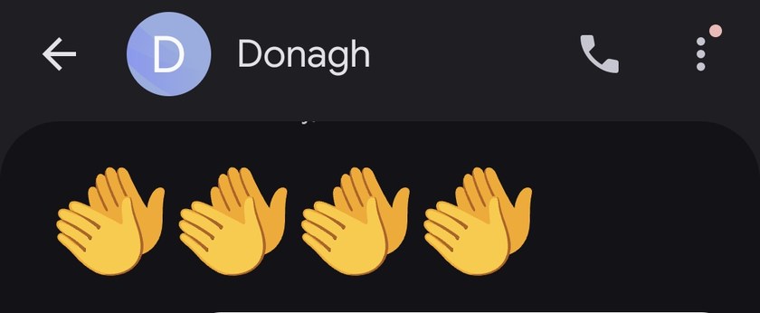 A WhatsApp message from Donagh, the CEO, showing four applause emoji