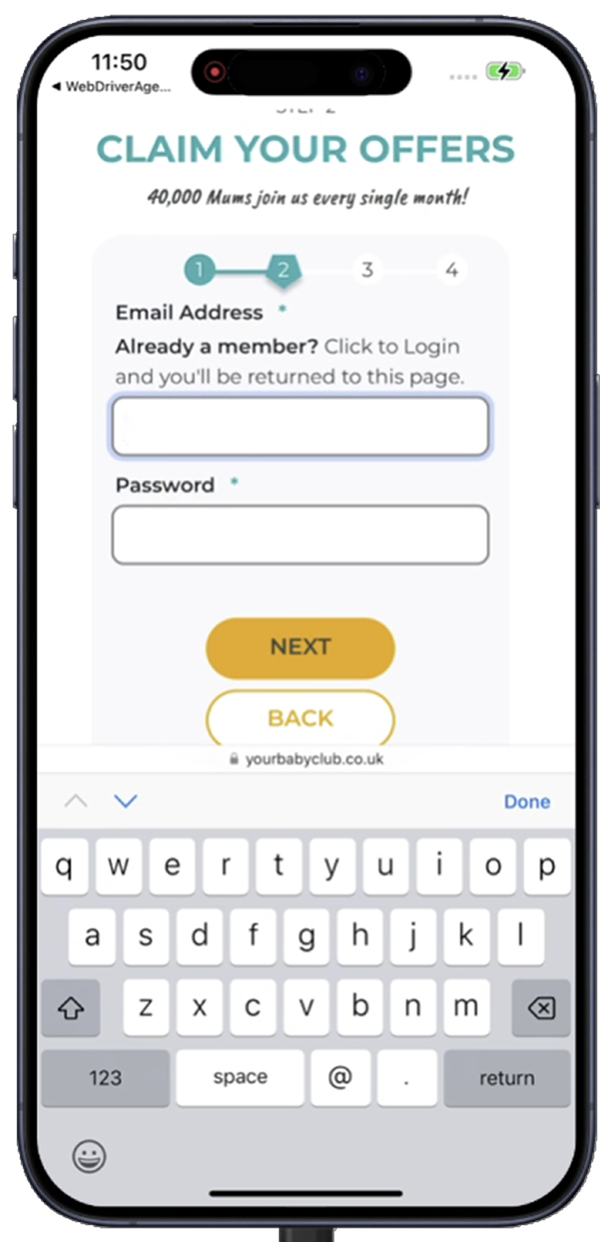 A later step headed Claim Your Offers, asking for an email address and password, with Next and Back buttons
