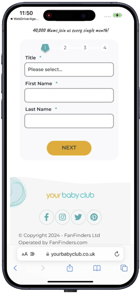 Step one of the new signup on a phone: a four-step progress bar above title, first name and last name fields, with a Next button