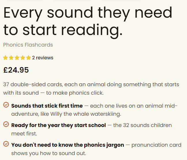 The Happy Little Doers phonics flashcards page: a benefit-led headline reading Every sound they need to start reading, the product name, star rating, price, a one-line description and three sub-benefits