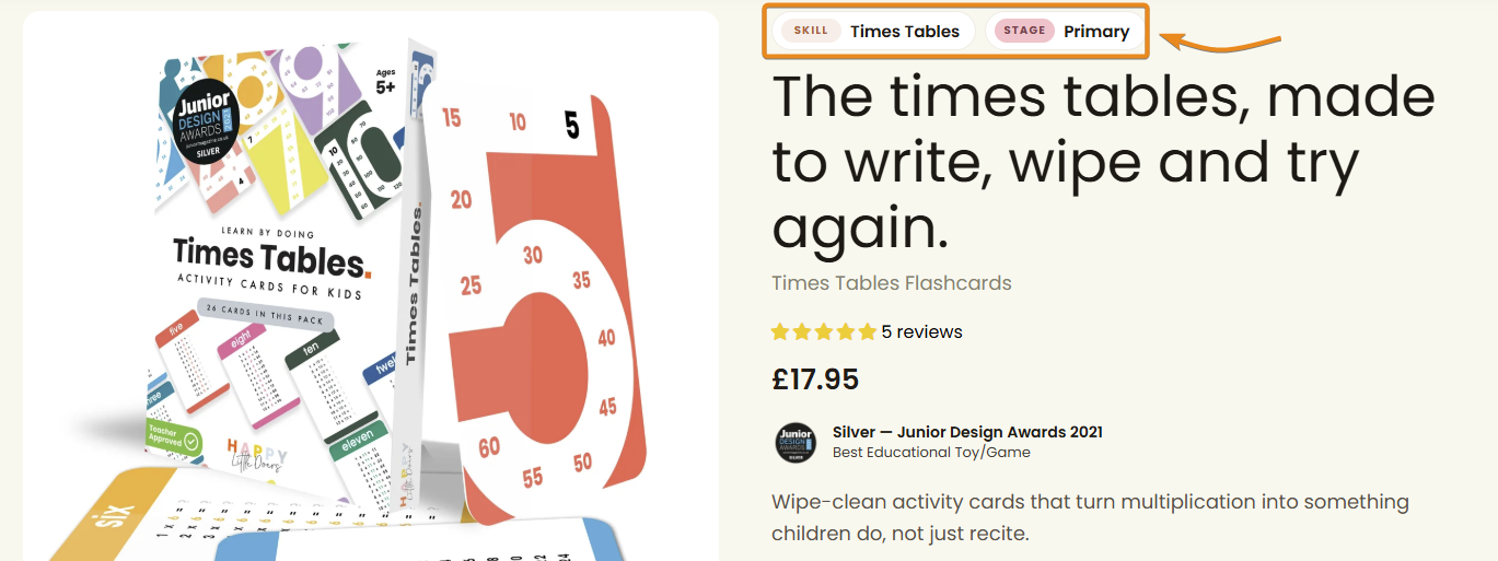 A Happy Little Doers product page with clickable Skill and Stage tags sitting above the product title