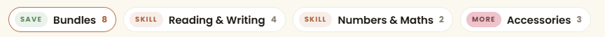 Four promoted filter pills above a product listing: Bundles (8) tagged SAVE, Reading & Writing (4) tagged SKILL, Numbers & Maths (2) tagged SKILL, and Accessories (3) tagged MORE